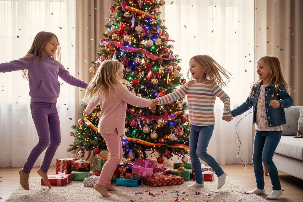 4 10 year old girls dancing and playing around a colourful christmas tree, wearing purple pinks and blues. no tutus. just casual outfits, perhaps jeans