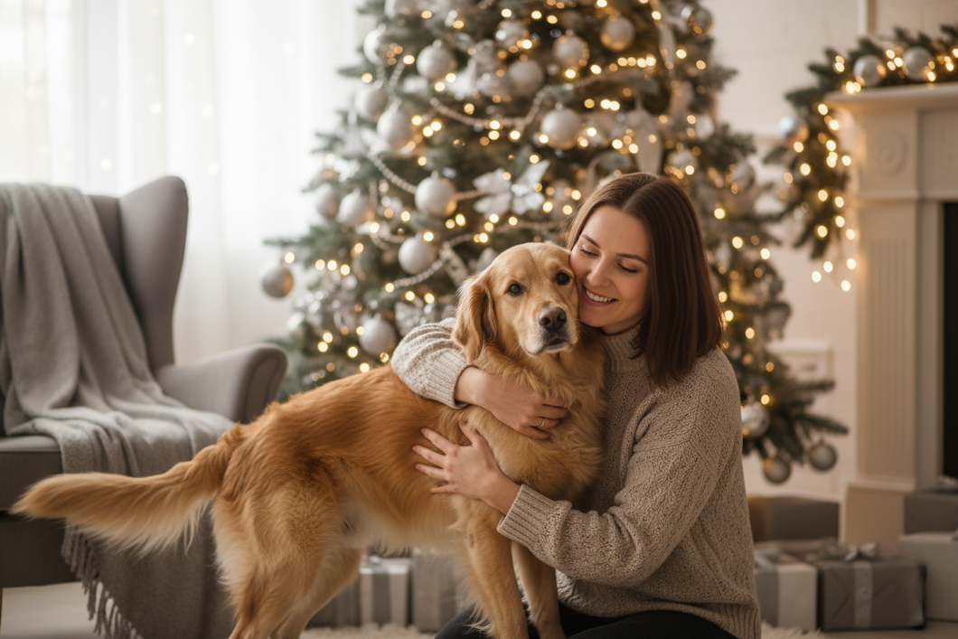dog mom hugging her medium sized dog christmas tree silver in background